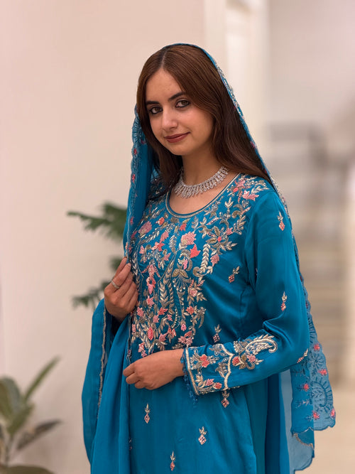 Azure Bloom Satin Embroidered Sharara Set