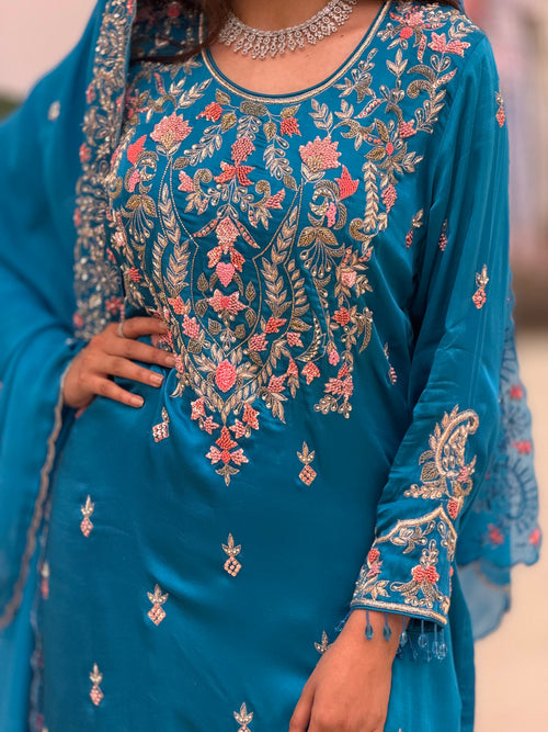 Azure Bloom Satin Embroidered Sharara Set