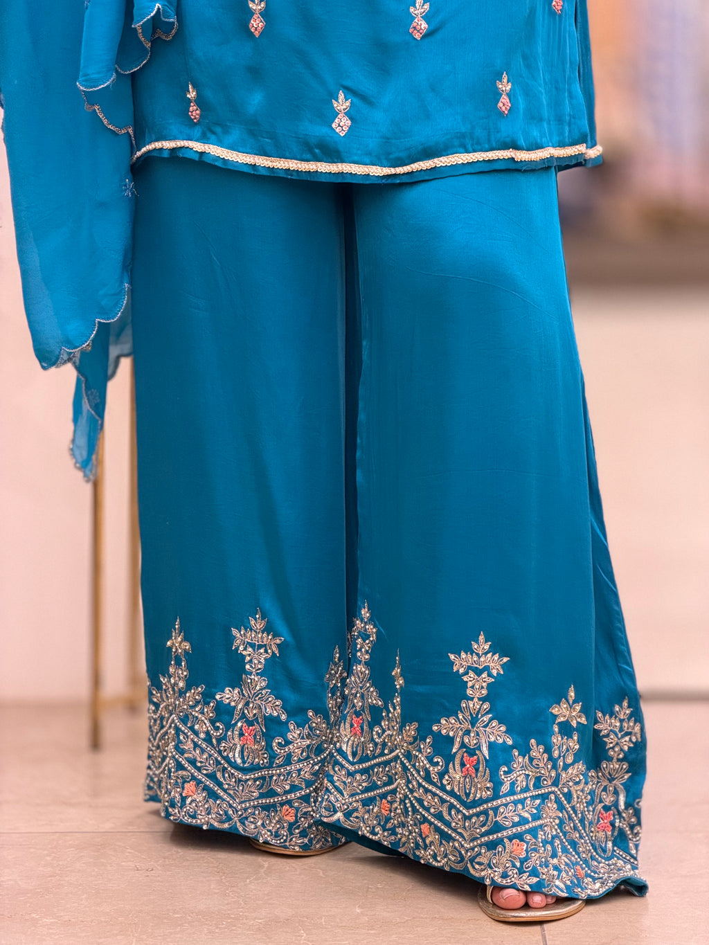 Azure Bloom Satin Embroidered Sharara Set
