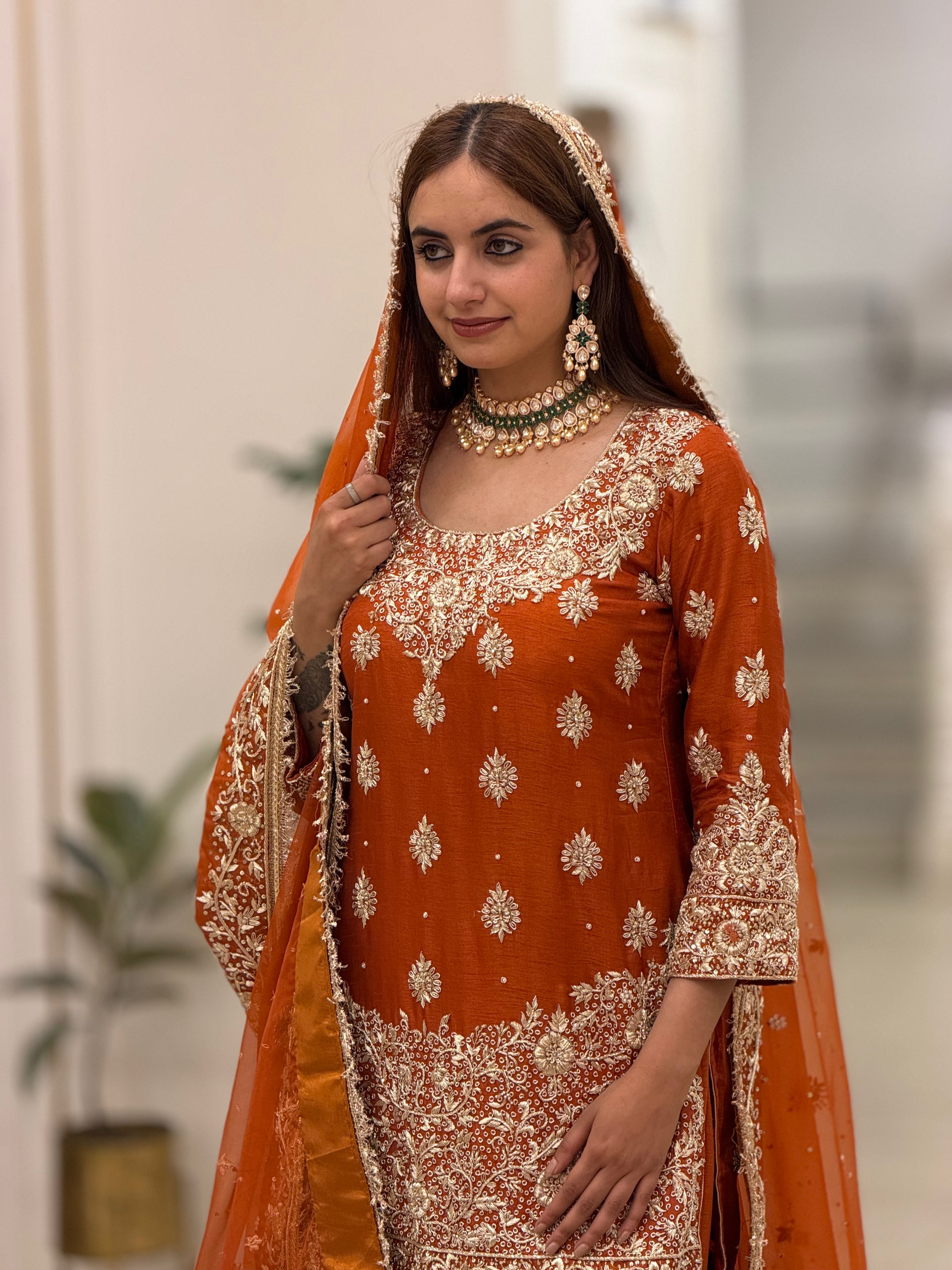 Luxury Silk Gharara Set with Dabka & Naqshi Handwork