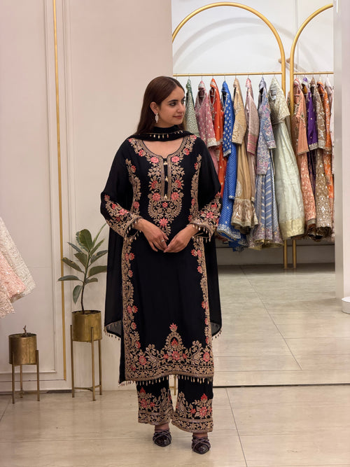 Luxury Chinon Long Shirt with Hand Beads & Resham Embroidery