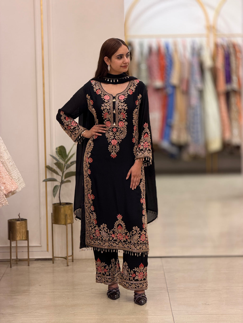 Luxury Chinon Long Shirt with Hand Beads & Resham Embroidery