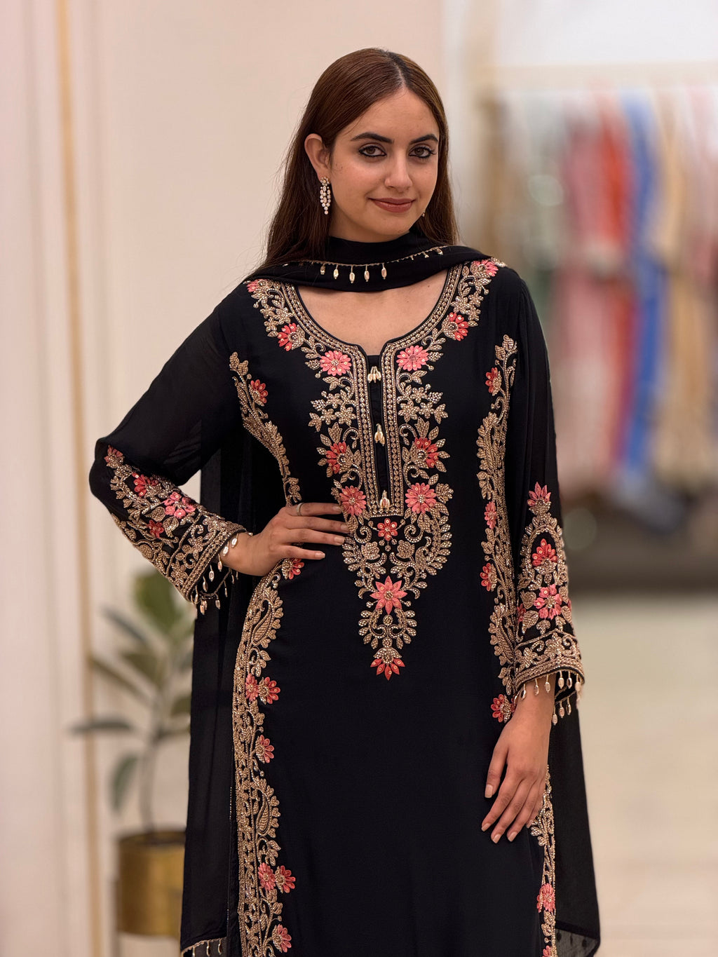 Luxury Chinon Long Shirt with Hand Beads & Resham Embroidery