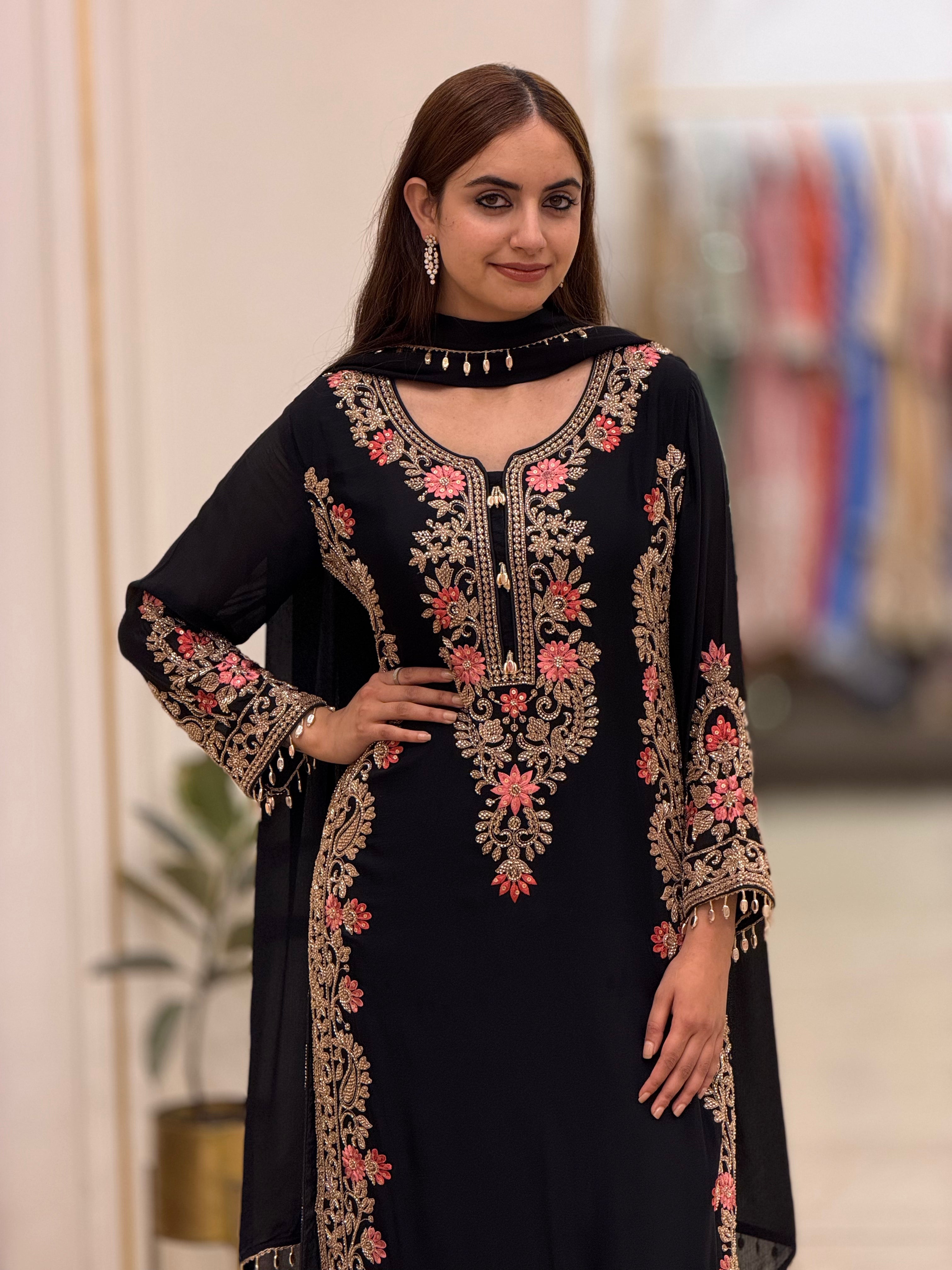 Luxury Chinon Long Shirt with Hand Beads & Resham Embroidery