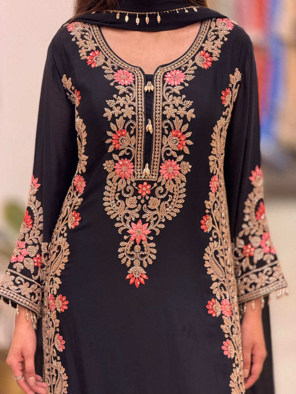 Luxury Chinon Long Shirt with Hand Beads & Resham Embroidery