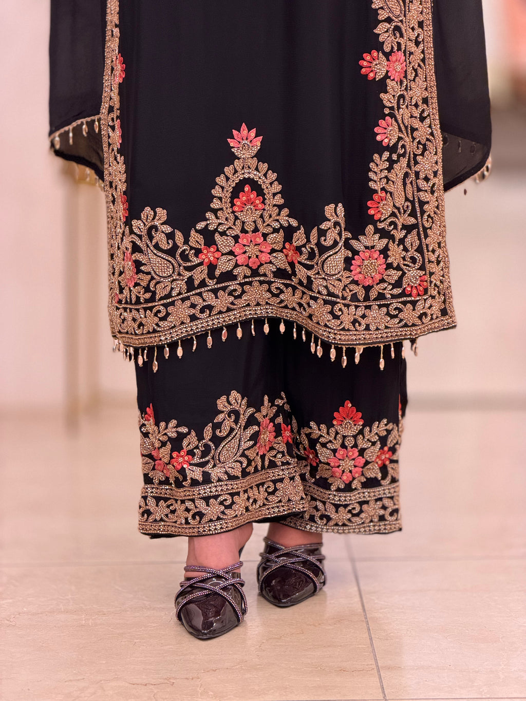 Luxury Chinon Long Shirt with Hand Beads & Resham Embroidery