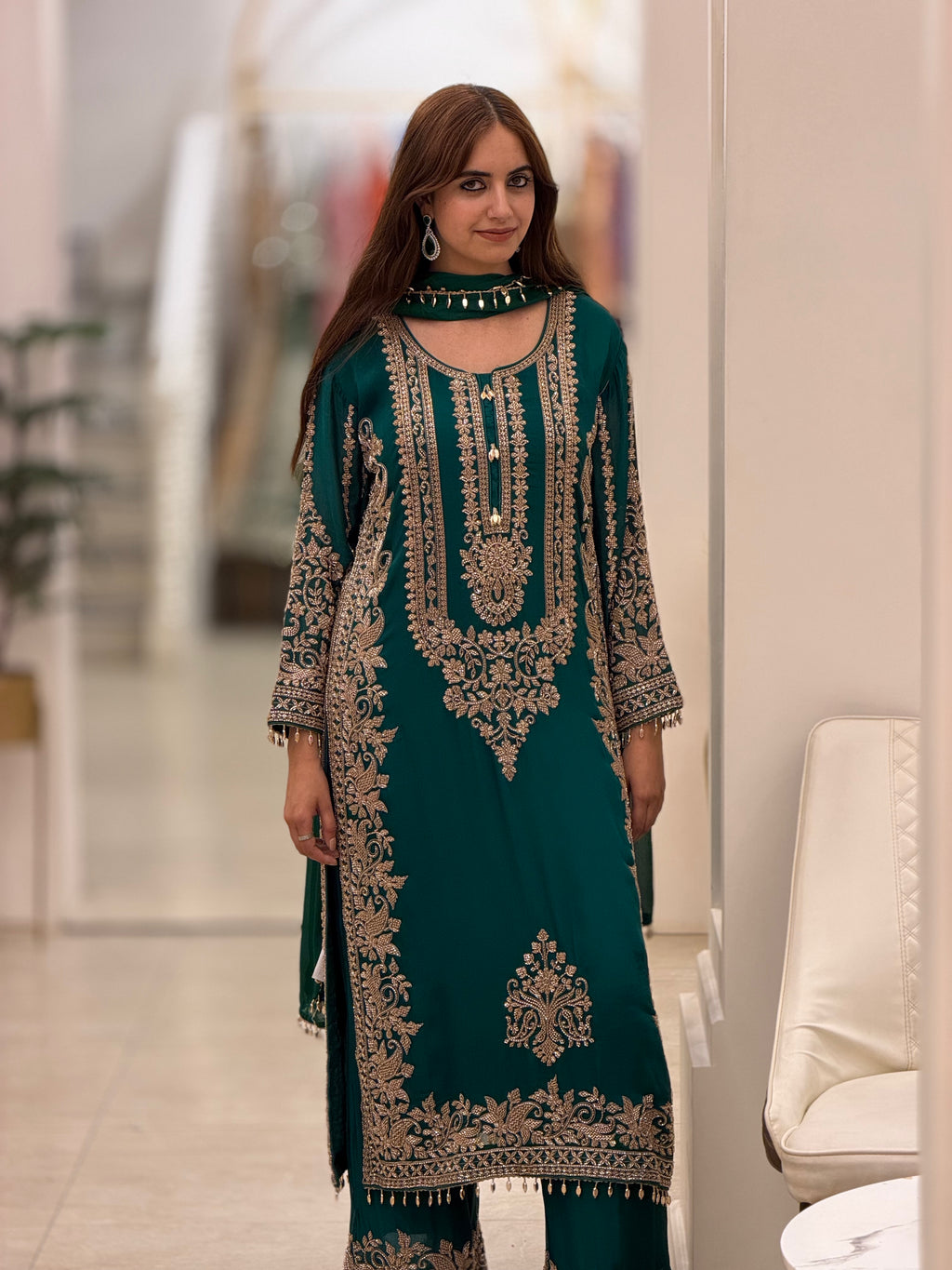 Luxury Emerald Green Premium Chinon Suit with Heavy Cutdana Embellishment