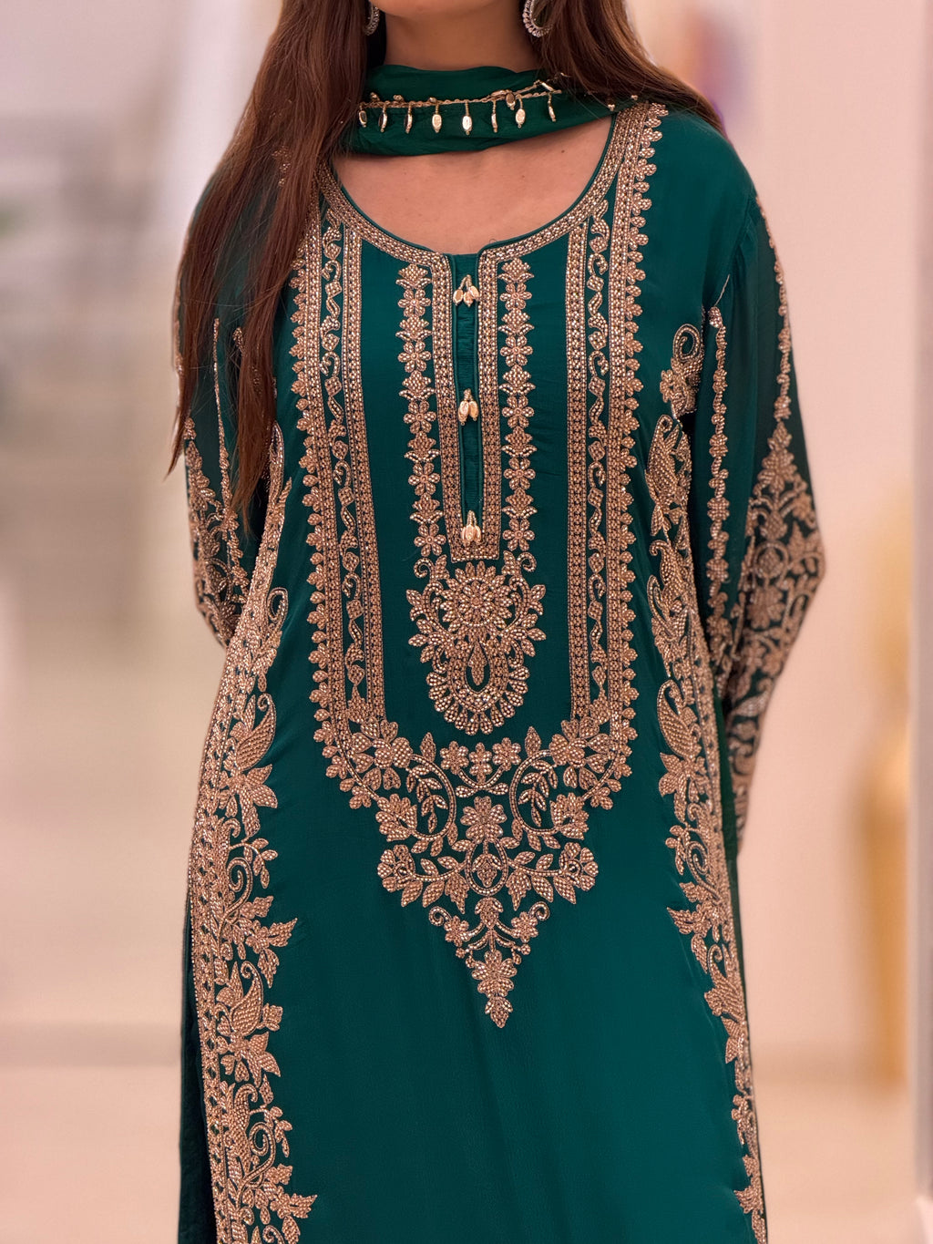 Luxury Emerald Green Premium Chinon Suit with Heavy Cutdana Embellishment