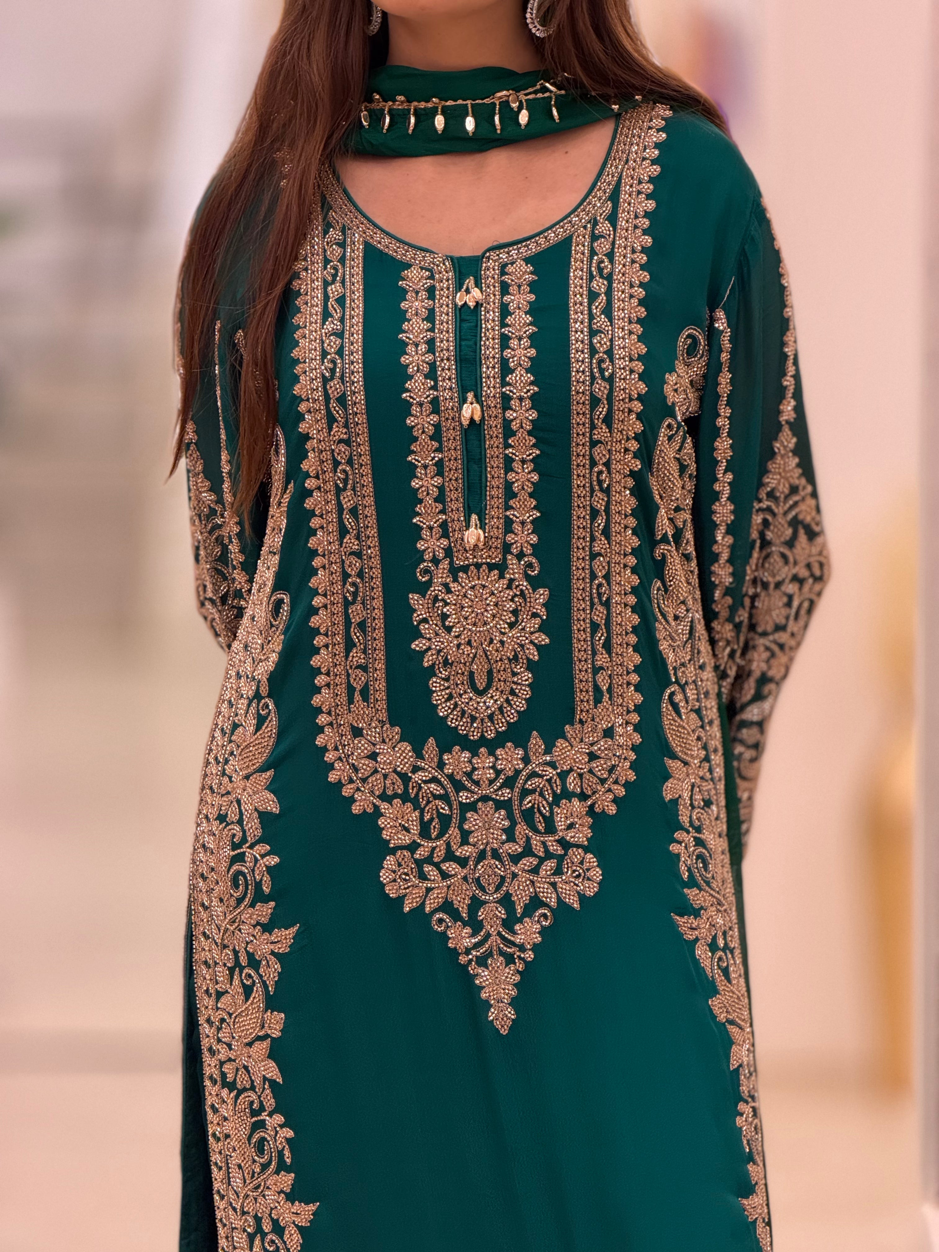 Luxury Emerald Green Premium Chinon Suit with Heavy Cutdana Embellishment