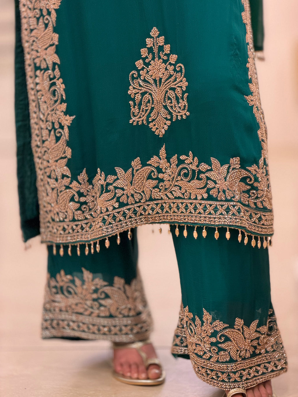 Luxury Emerald Green Premium Chinon Suit with Heavy Cutdana Embellishment