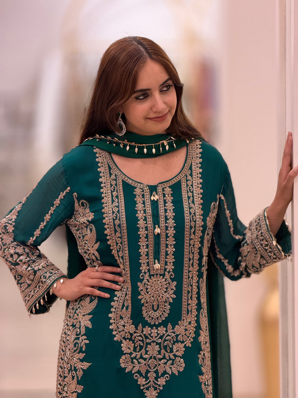 Luxury Emerald Green Premium Chinon Suit with Heavy Cutdana Embellishment