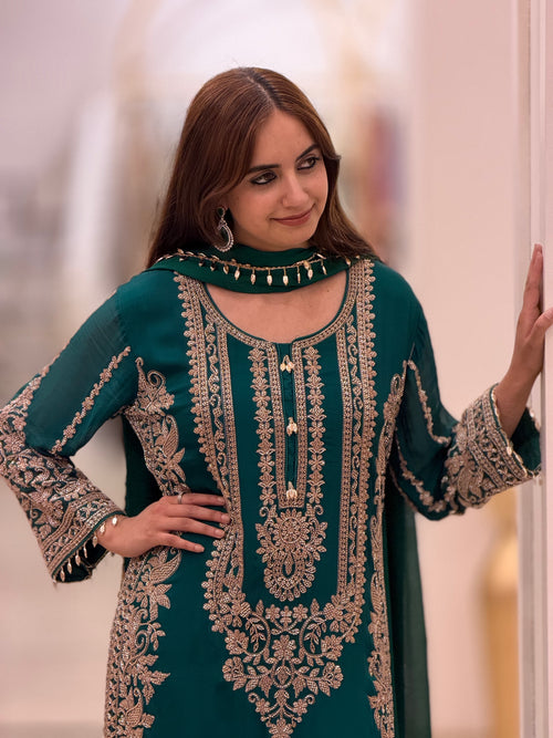 Luxury Emerald Green Premium Chinon Suit with Heavy Cutdana Embellishment