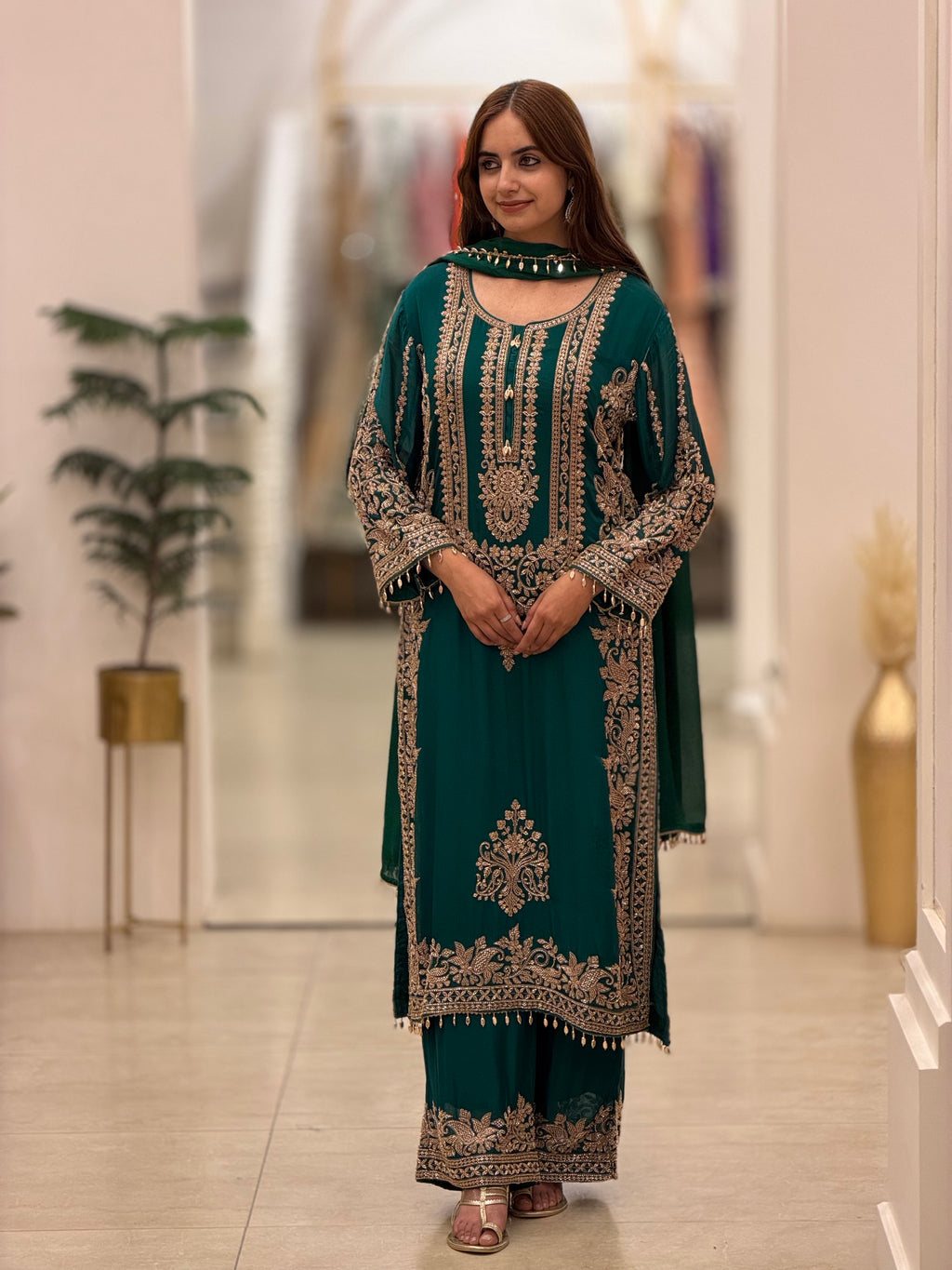 Luxury Emerald Green Premium Chinon Suit with Heavy Cutdana Embellishment