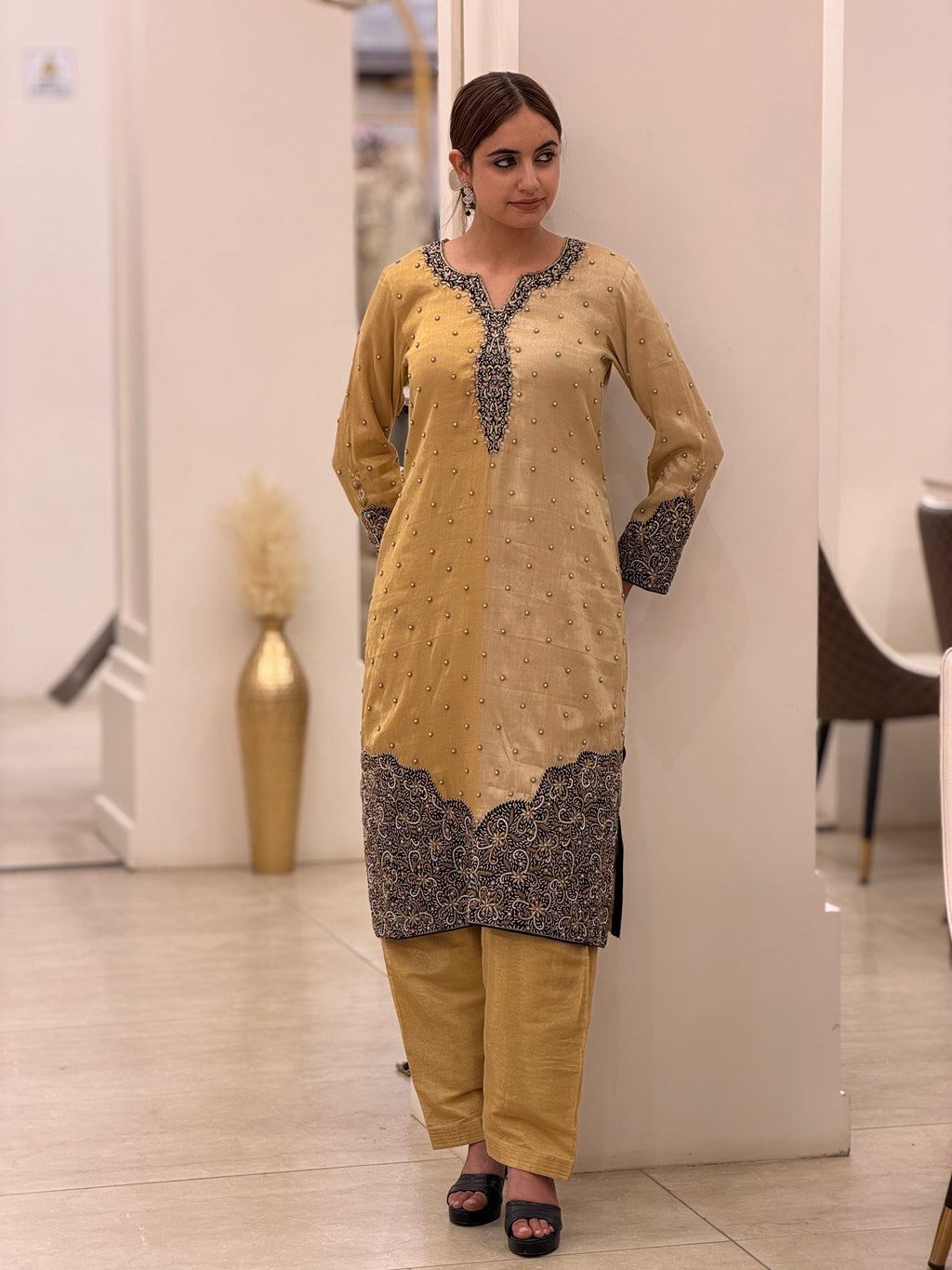 Golden Tissue Zardozi Dabka Embroidered Suit