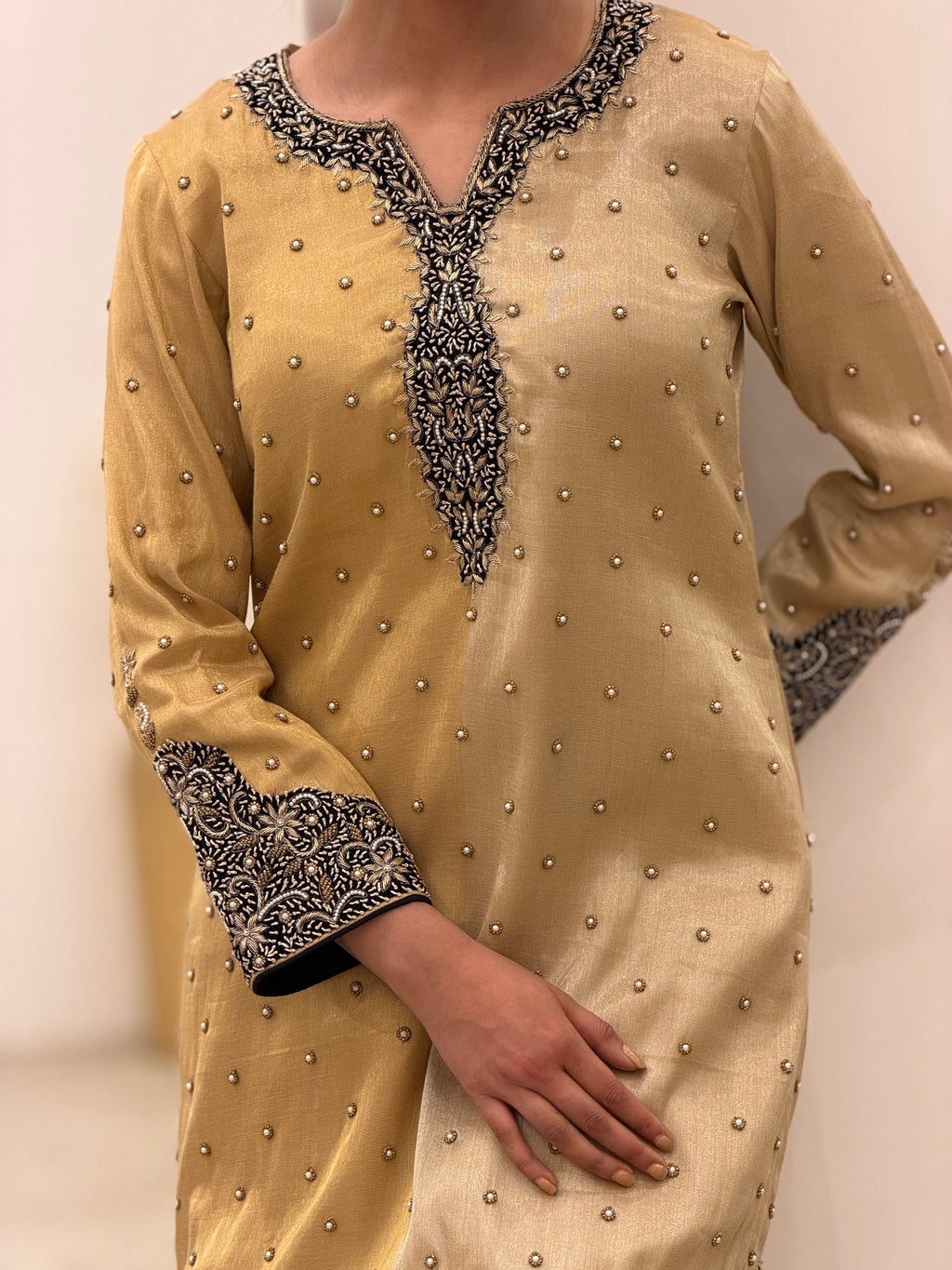 Golden Tissue Zardozi Dabka Embroidered Suit