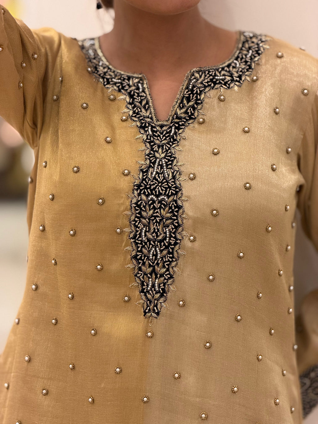 Golden Tissue Zardozi Dabka Embroidered Suit