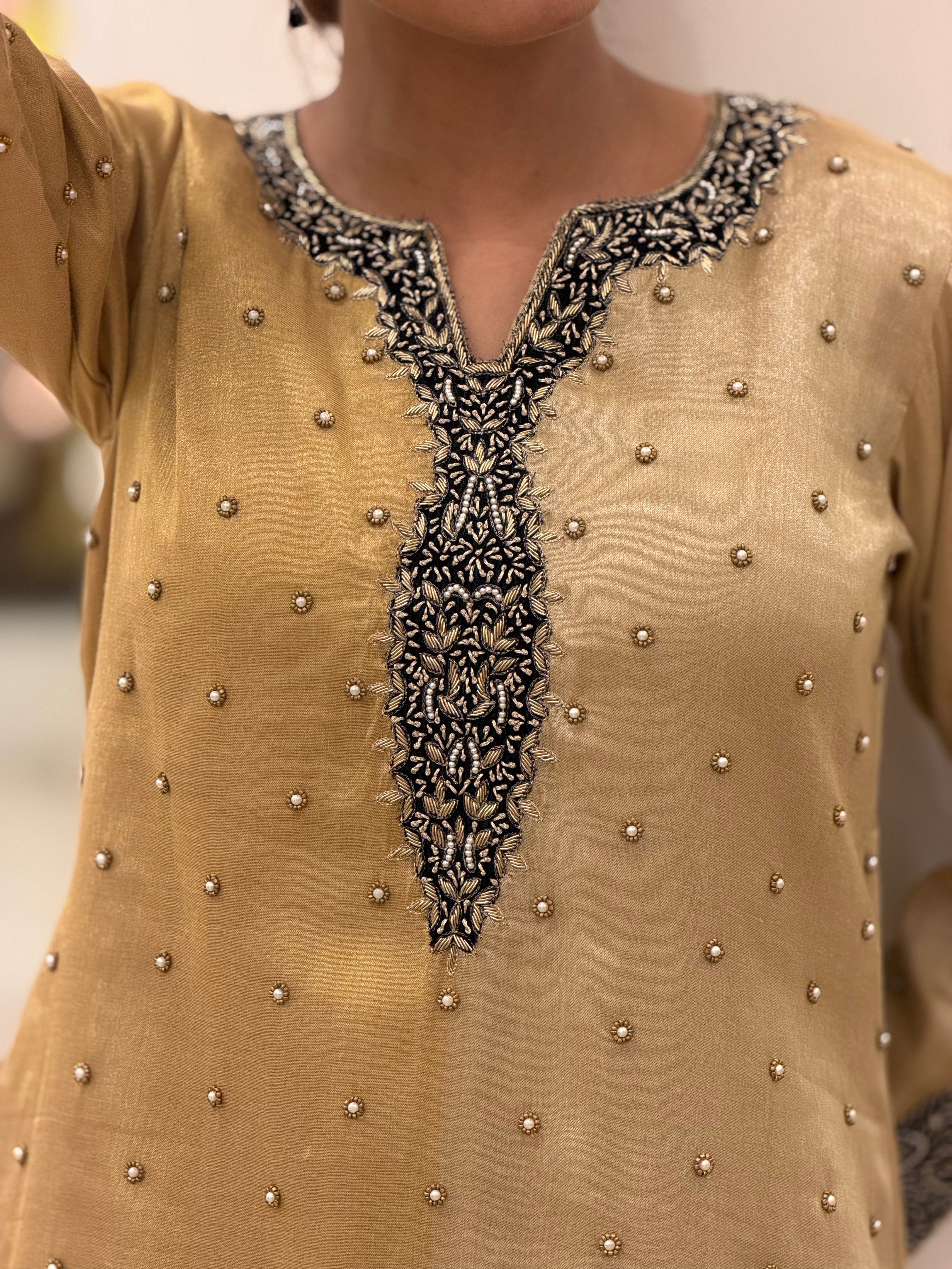 Golden Tissue Zardozi Dabka Embroidered Suit