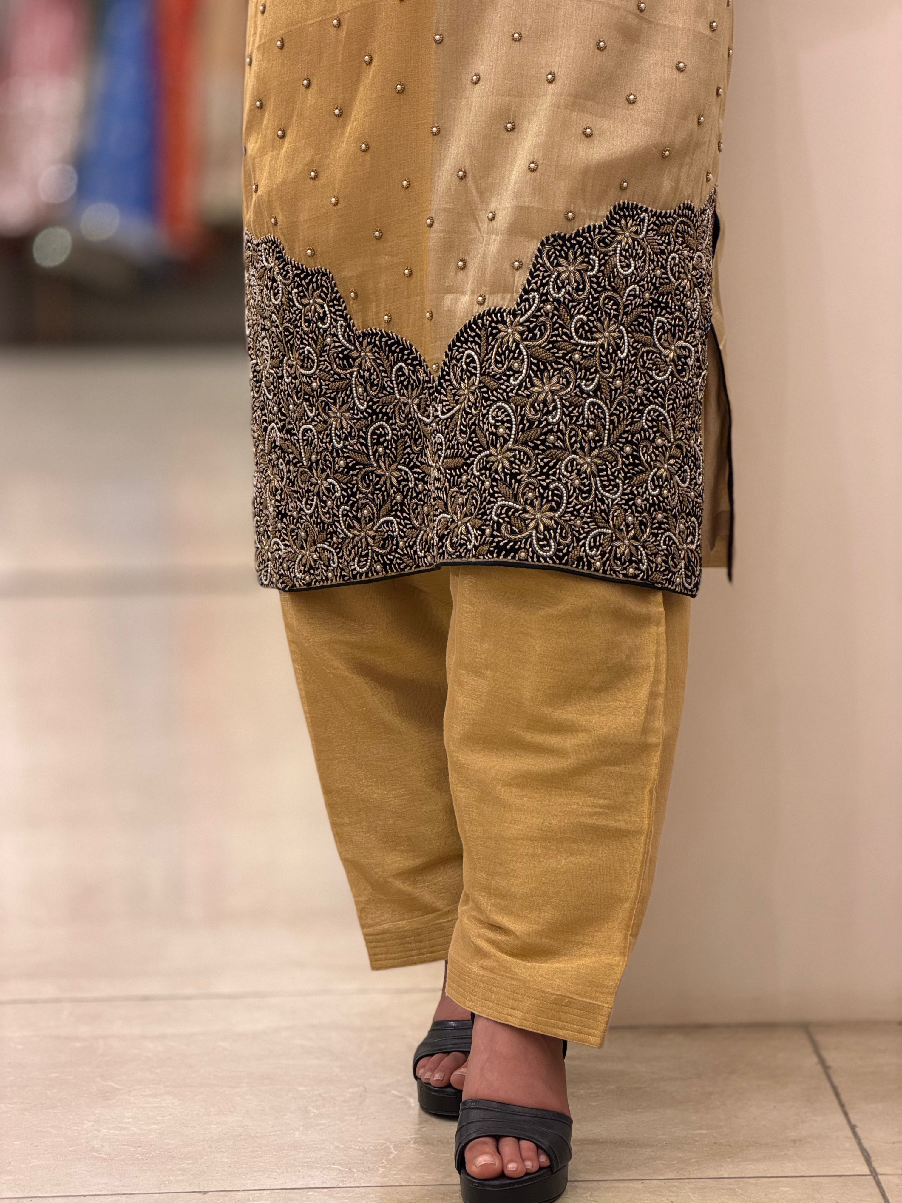 Golden Tissue Zardozi Dabka Embroidered Suit
