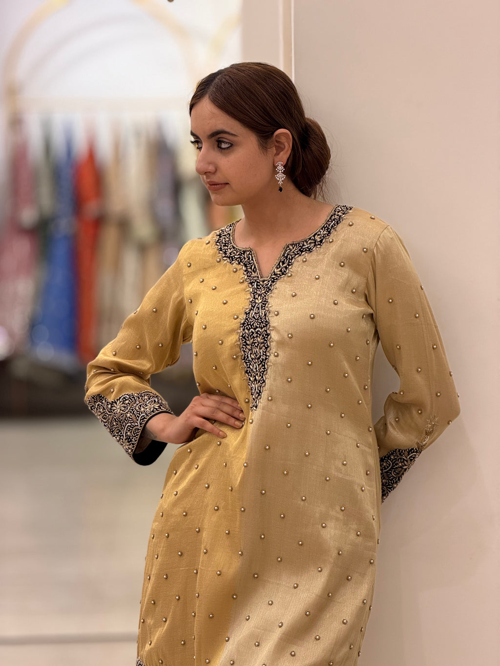 Golden Tissue Zardozi Dabka Embroidered Suit