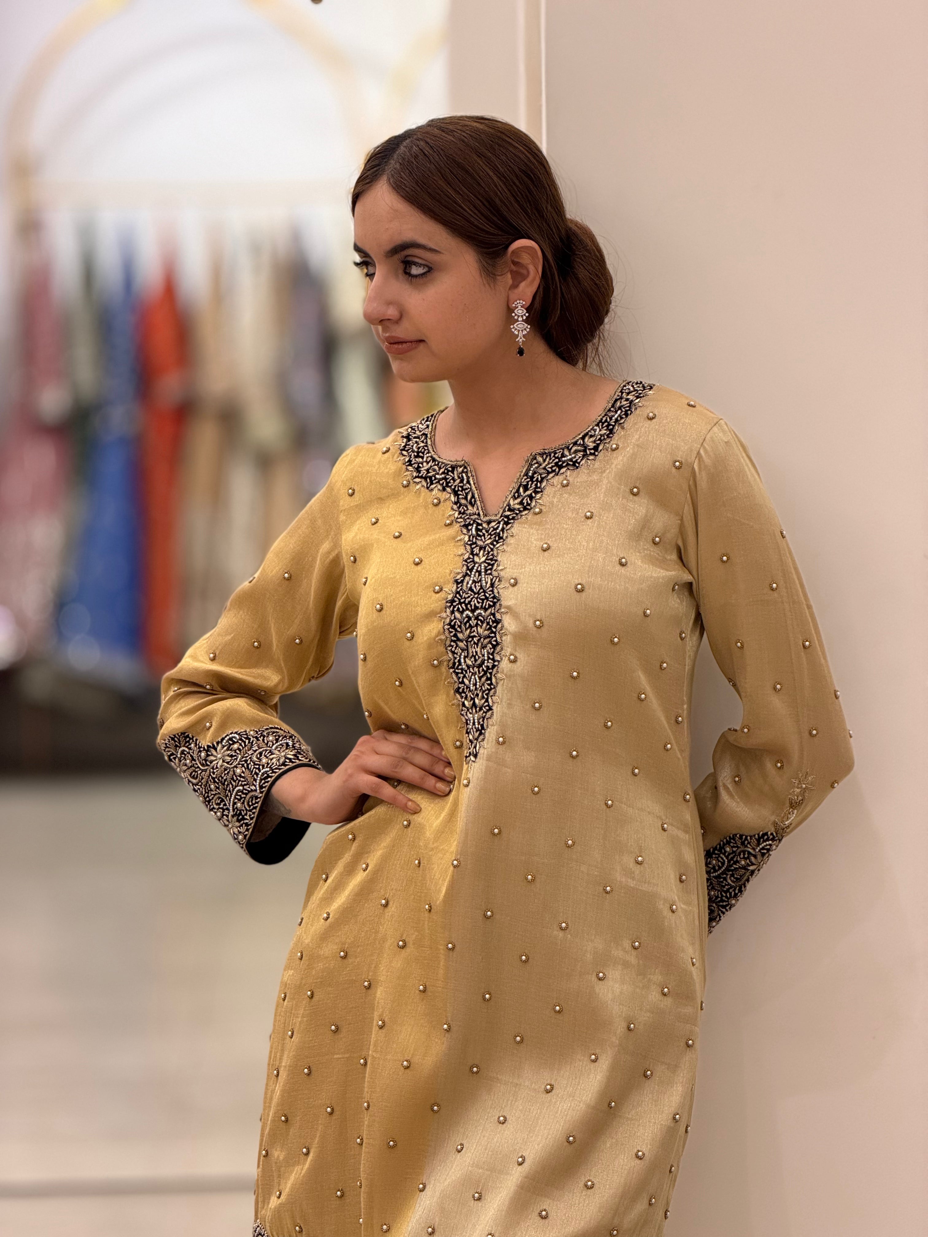 Golden Tissue Zardozi Dabka Embroidered Suit