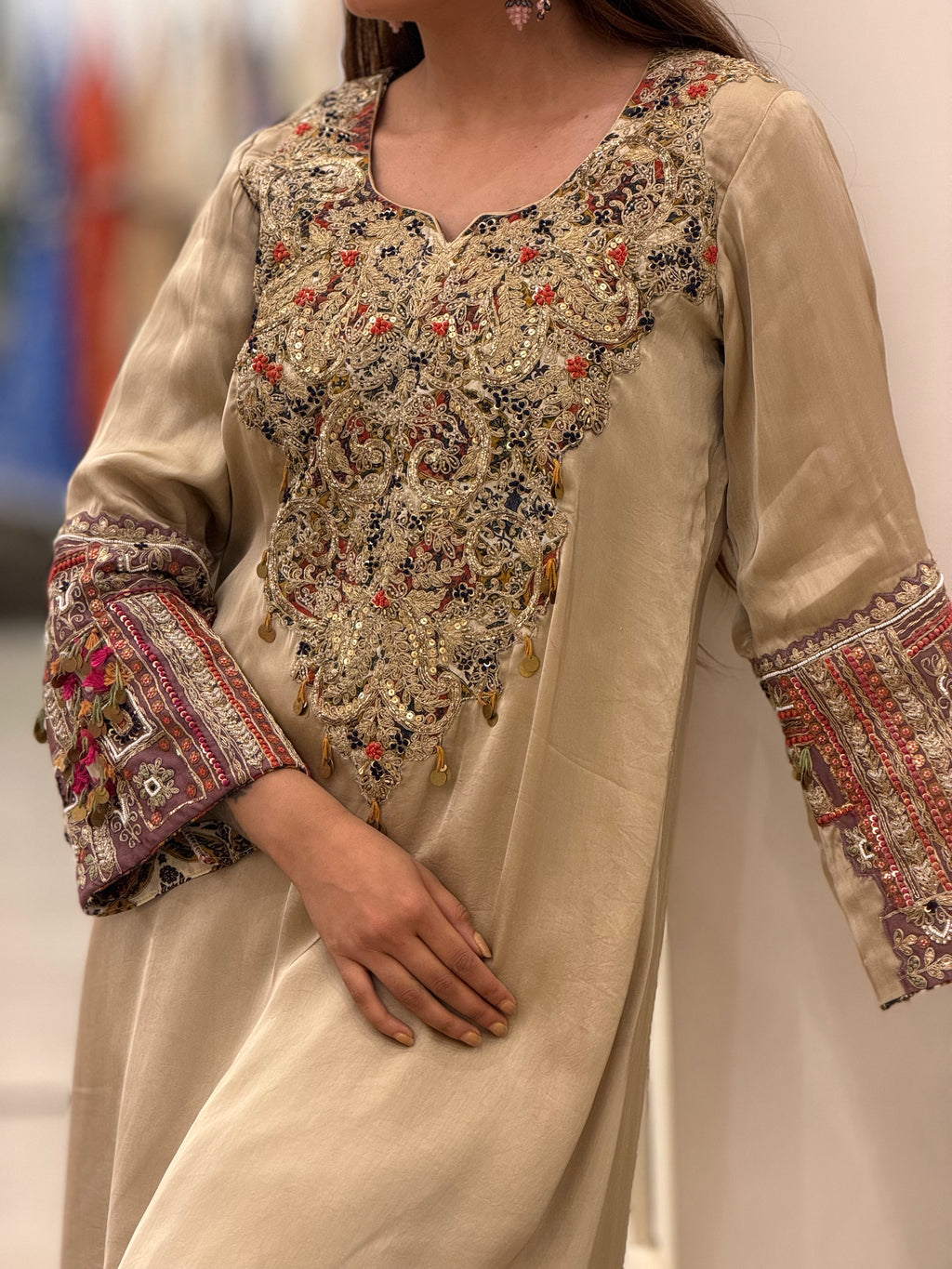 Premium Beige Dori Appliqué Handwork Kurta for Women