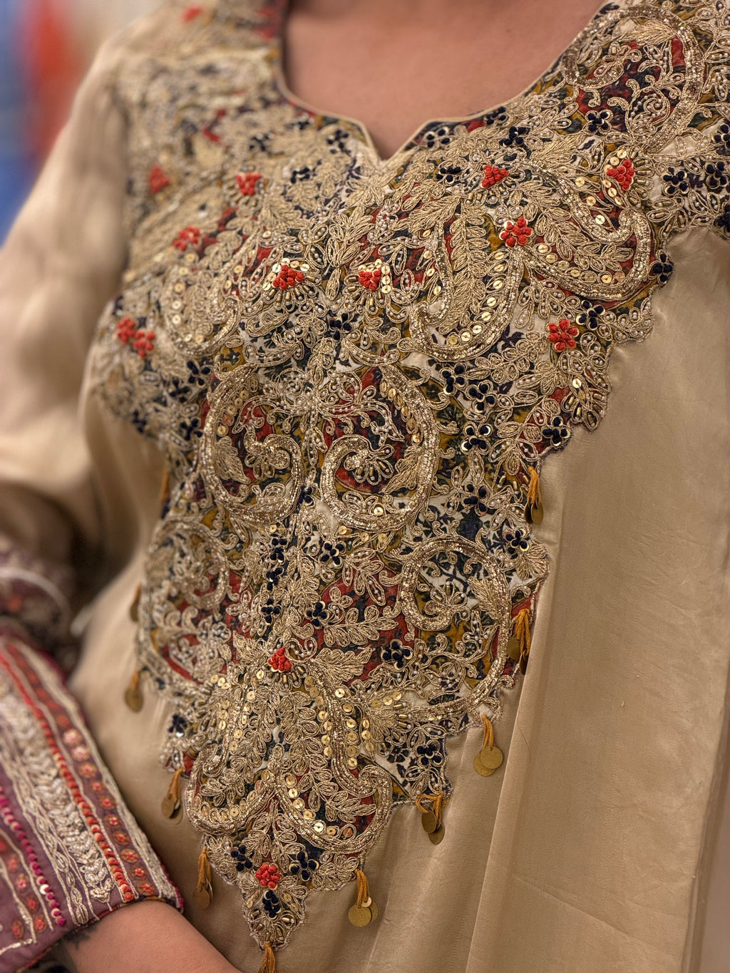 Premium Beige Dori Appliqué Handwork Kurta for Women