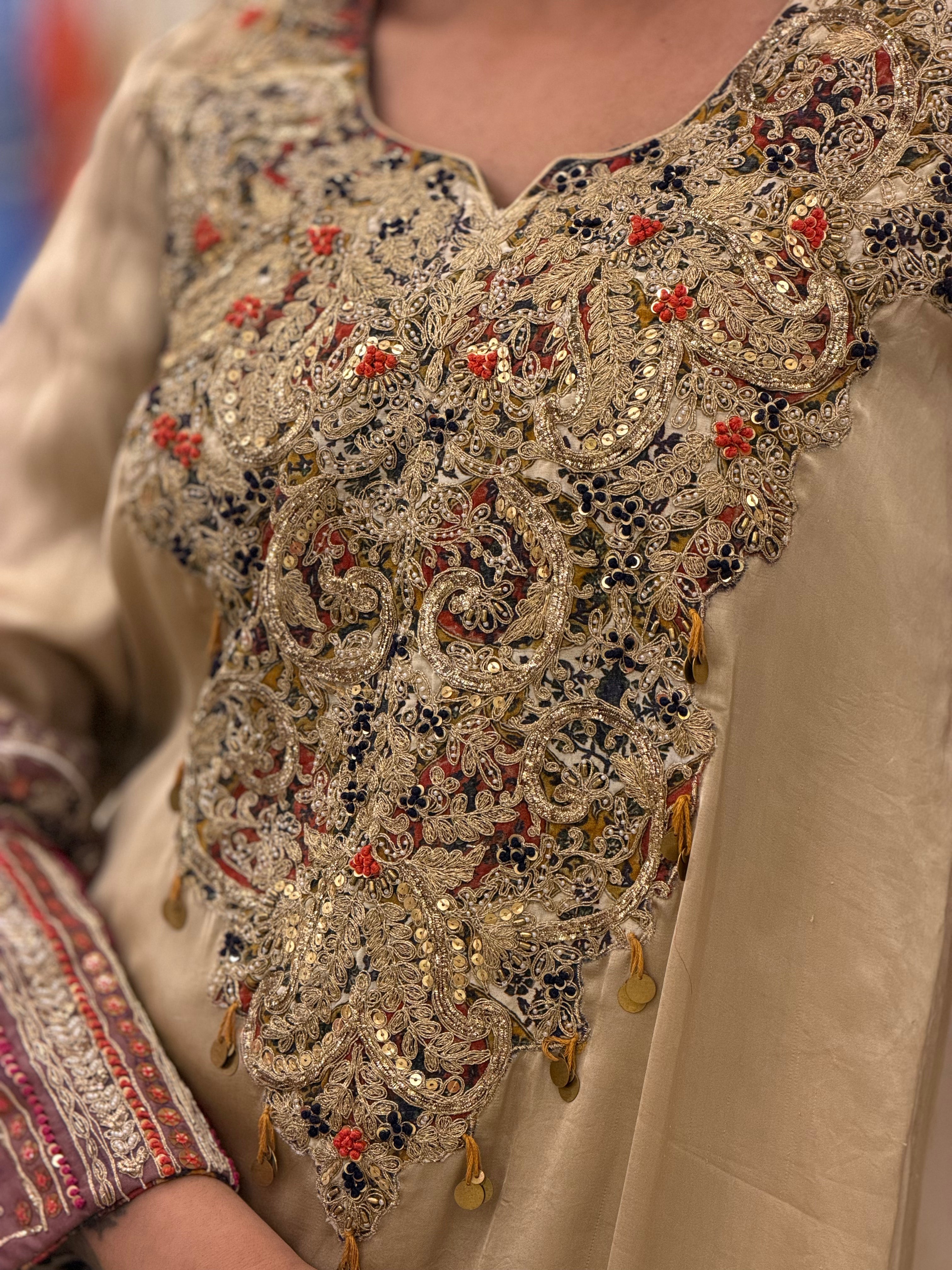 Premium Beige Dori Appliqué Handwork Kurta for Women