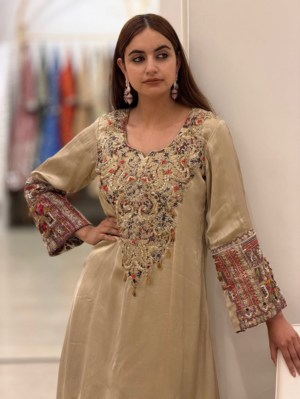 Premium Beige Dori Appliqué Handwork Kurta for Women
